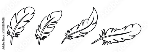 Collection of hand drawn feather icons in a simple black outline style for bohemian decor, minimalist logos, or natural graphic projects.