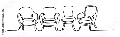 Minimalist single line drawing of a row of empty chairs for concepts like waiting rooms, group therapy, or modern interior furnishing.