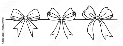 A set of hand drawn ribbon bows creating a decorative border element for festive holiday greetings, birthday invitations, and gift wrapping announcements.