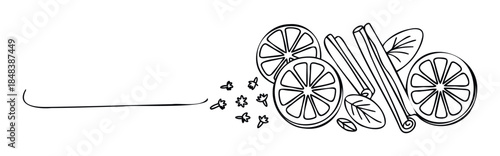 Minimalist hand drawn sketch of citrus slices, cinnamon sticks, and spices, ideal for decorating a winter holiday menu, recipe cards, or natural product packaging.