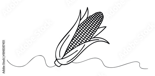Minimalist single line drawing of a maize cob with husks, a simple and modern icon for organic food packaging, farm to table restaurant menus, or agricultural websites.