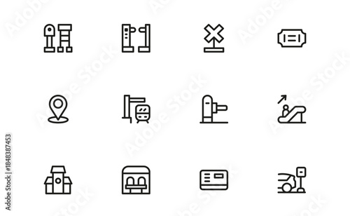 Station and Transport Hub Icons – Modern Professional Line Icon Set Featuring Transit and Travel Industry
