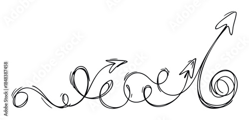 Hand drawn tangled line with arrows indicating an upward trend of growth and success representing a complex business strategy or journey