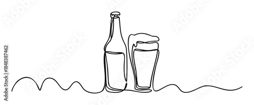 Continuous line drawing of a beer bottle next to a glass of beer with foam, a simple and modern graphic for beverage marketing and restaurant menus.