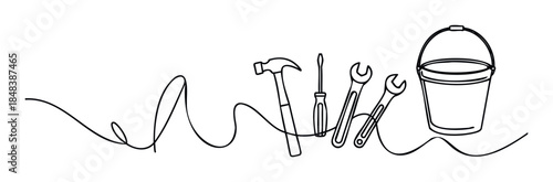 A continuous single line drawing of essential work tools including a hammer, screwdriver, wrenches, and a bucket for a home improvement or repair service theme.
