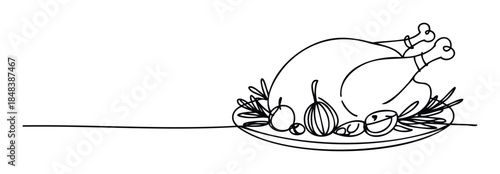 Single line drawing of a whole roasted turkey with herbs and vegetables, a minimalist representation of a holiday meal for festive advertising and invitations.