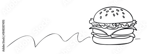 Simple hand drawn double cheeseburger with a squiggly line, a minimalist black and white graphic for fast food restaurant menus or delivery app icons.