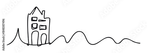 Continuous one line drawing of a house and hilly landscape for a real estate agency logo, property icon, or home construction company.