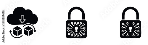 Set of black technology icons for cloud storage, data download, and cybersecurity, perfect for web applications and presentations on digital security and encryption.