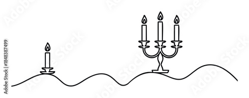 A single continuous line forms a lit candle and a candelabra with burning flames, a minimalist graphic for themes of celebration, solitude, and community.