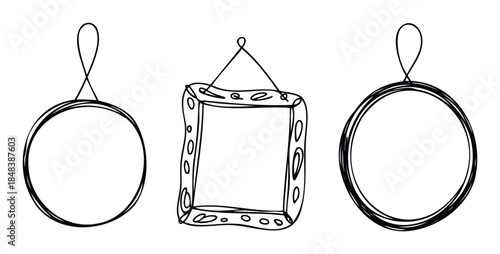 Handdrawn set of hanging doodle frames in a simple sketchy style, perfect for creating custom photo borders and social media templates.