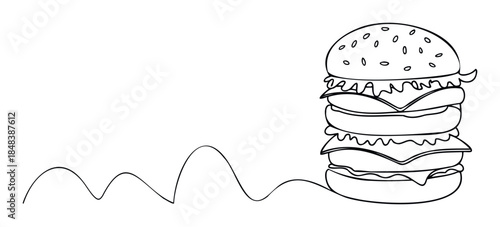 A tall cheeseburger drawn in a single continuous line, a minimalist food sketch for a fast food restaurant logo or menu.