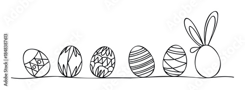Hand drawn row of decorated Easter eggs and a cute bunny for spring holiday celebrations and childrens coloring activities