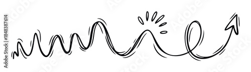 A hand drawn arrow following a chaotic and winding path upwards symbolizes growth, progress, and finding a solution for a business or personal development concept.