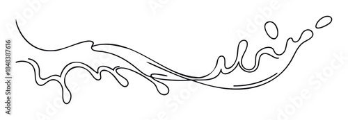 Flowing water or milk splash with drops in a simple line style, an elegant and dynamic graphic for beverage advertising and liquid product labels.