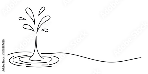Hand drawn continuous line drawing of a water splash creating ripples, a minimalist symbol for purity, nature, and refreshment.