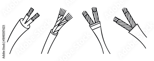 A set of simple line art icons showing different types of stripped electrical cables and wires with exposed conductors for technical diagrams and manuals.