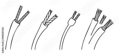 Various types of electrical wires and cables in a simple line drawing style for illustrating power, connectivity, and electronic components.