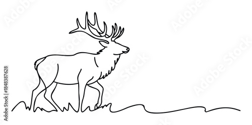 Continuous line drawing of a powerful stag with magnificent antlers walking through grass, ideal for a minimalist wildlife logo or environmental graphic.