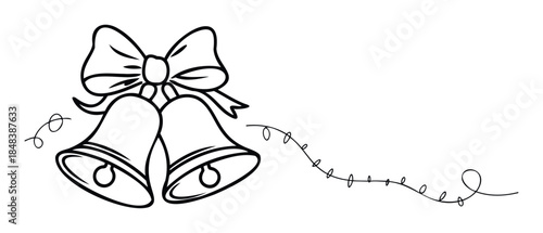 Festive bells with a ribbon bow in a single line drawing a simple and elegant symbol for Christmas New Year or wedding invitations