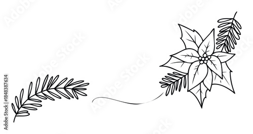 Elegant line drawing of a Christmas poinsettia and pine branches forming a festive corner frame for winter holiday invitations and seasonal decor.