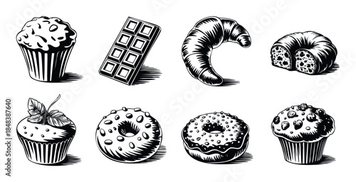 Hand drawn set of various pastries including muffins, donuts, croissant, and chocolate bar in a vintage monochrome style for bakery or cafe branding.