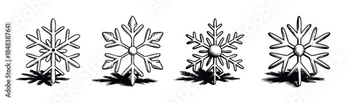 Vintage style hand drawn snowflakes set with dimensional shadows for creating festive Christmas and winter season graphics