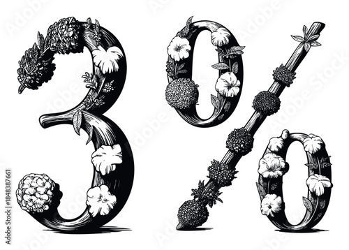 Black and white botanical three percent sign with intricate flowers and plants in a vintage woodcut style for organic product sales and natural promotions.