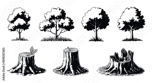 Hand drawn collection of black and white trees and stumps showing the stages of growth, cutting, and regrowth for environmental and nature concepts