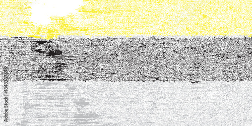 A yellow and black grunge background features a textured cement wall pattern with a rough surface of old grey concrete and dirty paint material for a weathered wallpaper design