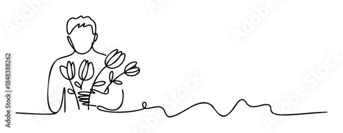 Man with a bouquet of tulips drawn in a single continuous line for a romantic celebration, anniversary, or holiday message, ideal for a wide format layout.