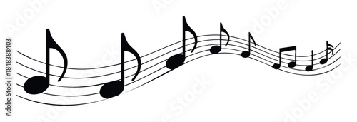 Wavy musical staff with black notes creating a dynamic melody line perfect for audio branding, concert flyers, and educational material.