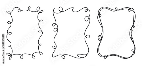 A collection of simple handdrawn frames with curly and wavy borders for creating elegant page decorations, invitations, or social media graphics.
