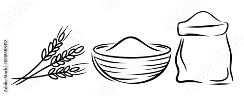 Minimalist sketch of wheat ears, a bowl of flour, and a sack, representing baking ingredients and agricultural harvest for food branding.