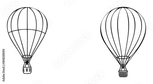 Hand drawn hot air balloons in a simple black and white outline style, suitable for travel company logos, adventure themed graphics, and transportation icons.