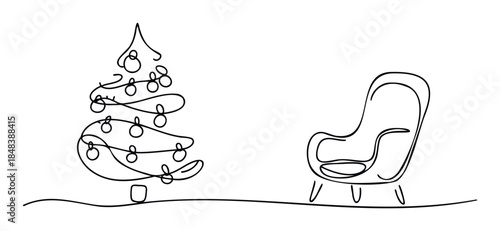 A single continuous line drawing of a festive Christmas tree and a cozy armchair representing a modern holiday home interior for seasonal greetings and promotions