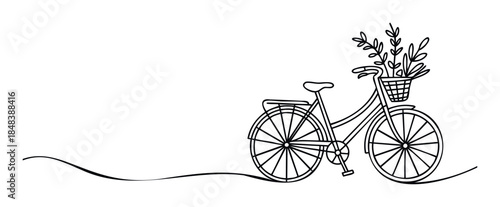 Minimalist one line drawing of a classic bicycle with a basket full of plants representing a healthy and eco friendly lifestyle.