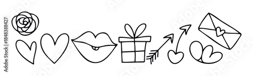 A collection of hand drawn love icons including a rose heart lips gift arrow and love letter for romantic greetings Valentines Day celebrations and wedding stationery