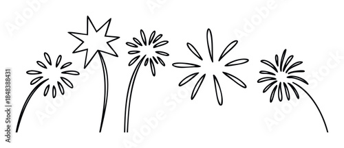 Minimalist black line drawing of festive fireworks and a star shape for holiday celebrations and party invitations