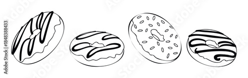 A monochrome collection of sketched donuts with glaze and sprinkles, an ideal graphic for confectionery branding, dessert menus, or food related projects.