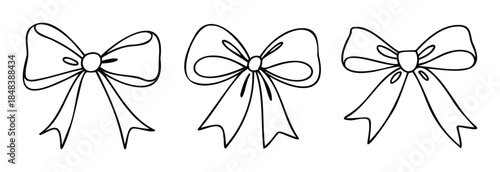 A collection of three hand drawn ribbon bows in a simple doodle style for decorating presents, holiday greetings, and celebratory projects.