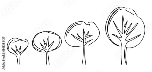 Minimalist sketch of a tree growing through different life stages symbolizing business development, environmental conservation, and personal progress.