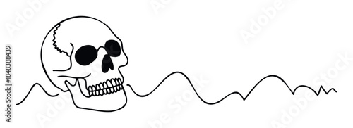 Minimalist drawing of a human skull with a continuous wavy line representing a pulse, ideal for Halloween themes, tattoo sketches, or medical concepts.
