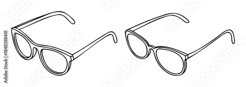 Two pairs of eyeglasses drawn with a simple black outline for vision care concepts, ophthalmology materials, or as a symbol for an eyewear shop.