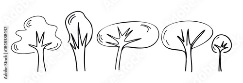 A collection of stylized black line trees in a simple hand drawn doodle style for nature and environmental concepts