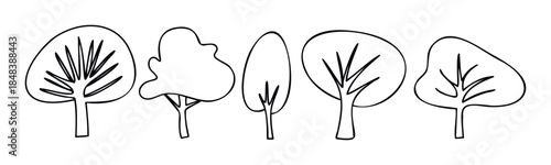Collection of hand drawn doodle trees in a minimalist outline style for creating forest scenery, park landscapes, and nature themed decorations.