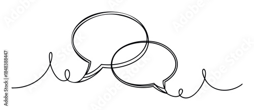 Two speech bubbles drawn in a continuous one line style representing communication and dialogue for social media or business presentations.
