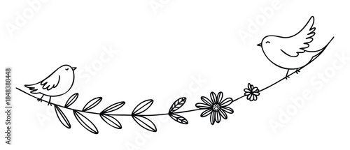 Two lovebirds perched on a curving floral vine with flowers and leaves in a simple hand drawn style for wedding invitations or spring decorations.