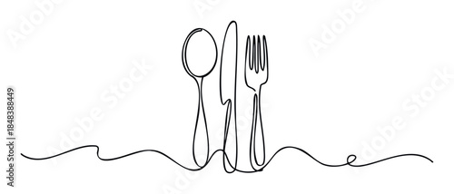 Minimalist cutlery set with a spoon, knife, and fork drawn in a single continuous line for food related branding, restaurant logos, and kitchen wall decor.