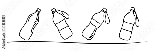 A hand drawn set of plastic water bottles illustrating concepts like recycling, sustainability, and zero waste for environmental infographics or awareness campaigns.
